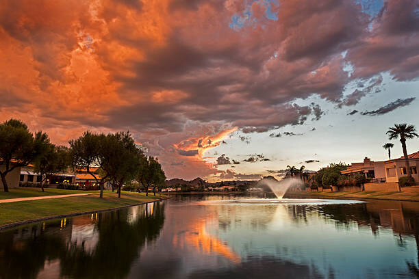 Sunset over Lake Marguerite at Gainey Ranch, Scottsdale — the lake The Lakehouse Salon is named for